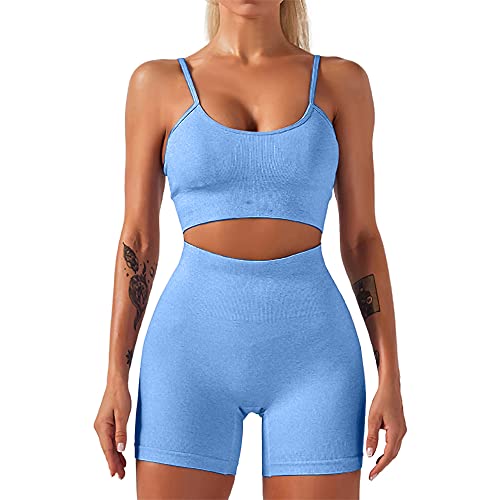 HANERDUN Damen Sportanzüge 2 Stücke Nahtlose Outfit Traingsanzug Jogginganzug Tiefem V und Leggings Bekleidungssets Yoga Outfit Freizeitanzug Sportswear