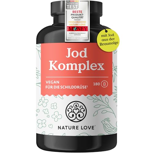 NATURE LOVE® Jod Komplex für die Schilddrüse - 180 Kapseln - mit Jod, Selen, L-Tyrosin, Vitamin B & D - natürliches Jod aus Braunalgen (Kelp) - 6 Monate Reichweite - hochdosiert, vegan & laborgeprüft