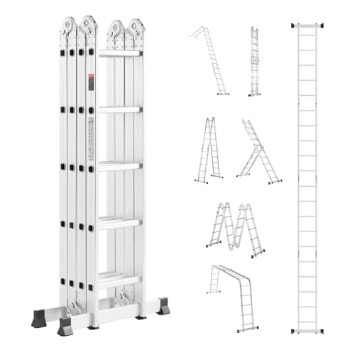 VEVOR Mehrzweckleiter, 7-in-1-Multifunktionsleiter, A-Rahmen, 5-Stufen-Teleskopleiter, Leitergerüst 5750 mm, verstellbare Hochleistungsleiter, 150 kg Tragkraft, für den Außenbereich zu Hause