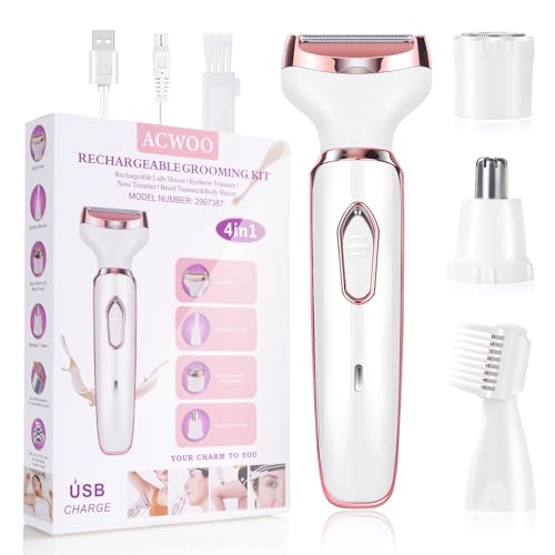 ACWOO Elektrischer Rasierer für Frauen, 4-In-1 Elektrischer Damenrasierer, Schmerzfreier Intimrasierer für Frauen, Haartrimmer für Gesicht Nase Achseln Intimbereich Bikinizone, USB-Aufladung