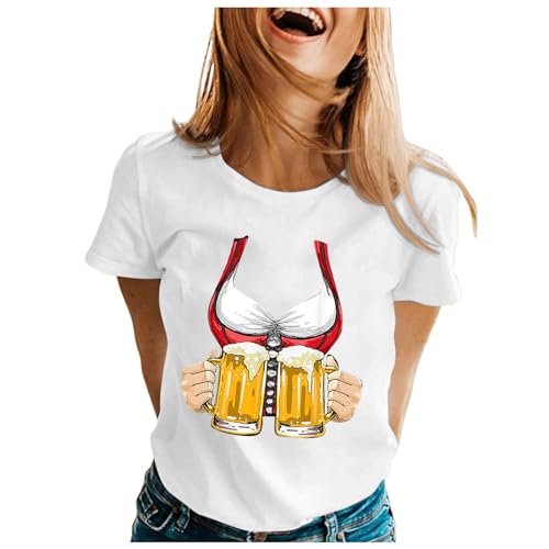 Kleid Damen Damen-T-Shirt mit Oktoberfest-Print, kurzärmlig, lockeres Oberteil T Shirt Dirndl (White, XL)