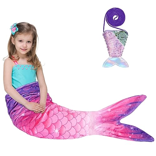 WERNNSAI Meerjungfrauen Schwanz Decke für Kinder Mädchen - Weiche Meerjungfrauen Decke mit Pailletten Portemonnaie Flanell Mermaid Blanket für Teenager Geschenk zum Geburtstag (Lila & Rosa)