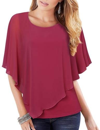 Vafoly Damen Chiffon Lose Fledermaus Bluse mit Kurzen Flatter ärmel Leichte Fließende Bluse Rundhalsausschnitt Doppellagige Poncho Tuniken Kirsche Rot XXL