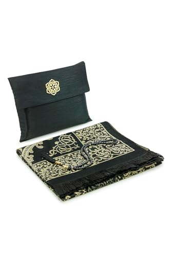 ihvan online Muslimischer Gebetsteppich und Perlen Mit Eleganter Tragbar Stoff Tasche, Janamaz, Sajjadah, Weiche Islamischen Gebetsteppich, Islamische Geschenke, Gebet Teppich Matte, Schwarzer