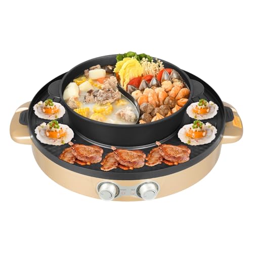 2.2KW Hot Pot und Grill Elektrischer, 2 in 1 Elektrogrill/Hotpot Topf/mit Temperaturregelung, Korean BBQ Grill, Antihaft-Beschichtung für 2-8 Personen (Gold)