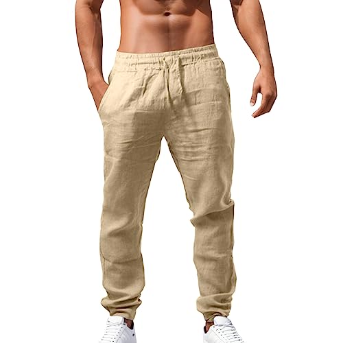 2025 - Lose Leinen elastische solide atmungsaktive Farbe für Männer Casual-Hosen für Baumwollhosen Outdoor Hose Damen Sommer 3/4 (Khaki, XXL)