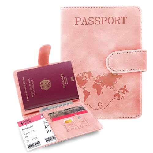 TAKUZA Reisepasshülle, Passport Hülle mit RFID-Blocker, Kunstleder Schutzhülle Passport Cover, Reisepass Hülle für Damen/Herren, für Reisepass, Bordkarte, SIM-Karte, Ausweis, Kreditkarte (Rosa)