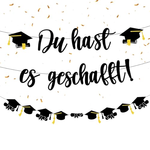 Graduation Deko Girlande Schwarz, Du hast es geschafft Banner, Abschluss Deko Banner Papier, Abschlussfeier Graduation Party Deko für Abitur, Bachelor und Master Abschlussfeiern