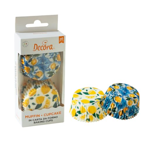 Decora 0339919 Packung mit 36 Förmchen Linie Amalfi Zitronen Ø 50 x 32 mm zum Backen, Präsentieren und Verschenken von Muffins, hitzebeständig bis 220°, in praktischer Blisterverpackung