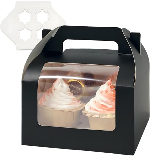 qiqee Cupcake-Box mit 4 Halterungen, 16 x 16 x 7,6 cm, Schwarz, 30 Stück, 4 Cupcake-Boxen mit Sichtfenster