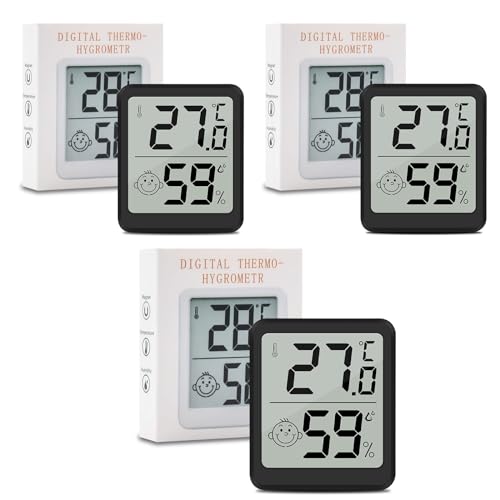 Thermometer Hygrometer Innen, LCD Zimmerthermometer Luftfeuchtigkeitsmesser Digital Innen Mit Smiley-Indikator Für Babyzimmer Wohnzimmer Büro Gewächshaus, Schwarz (3)