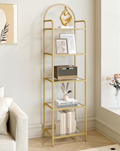 Hzuaneri Regal, Bücherregal aus gehärtetem Glas, schlankes Regal für Schlafzimmer, Badezimmer, Heimbüro, Stahlrahmen, mit 5 Ablagen Gold BC05001G