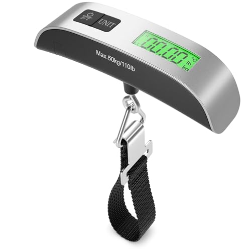 deleyCON Digitale Kofferwaage Gepäckwaage mit Display (bis 50kg, Inkl. Batterie) Tragbare Waage mit Haken für Reisen Koffer Küche Angeln Hängewaage Fischwaage mit TARA Funktion Silber/Schwarz