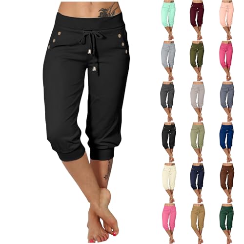 EMATOP Jogginghose Damen 3/4 Lang Baumwolle Sporthose Casual Capri Hose Leicht Einfarbig Laufhose Sommer Sport Sweathose Elegant Bequem Sommerhose mit Taschen Freizeithose Trainingshose Outdoor