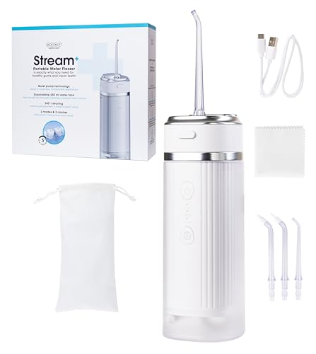 ZENT Stream+ Wasser Irrigator, Fortschrittliche 360° Drehtechnik, 3 Spezial-Spitze, Einstellbare Druck, Plaque Entfernung, Robuste Batterie, Kompakte Größe, Weiß