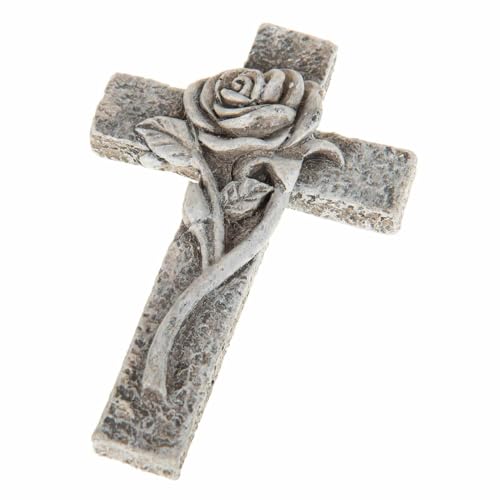 SIDCO Grabdeko Kreuz mit Rose Grabkreuz Gedenkstein Spruchstein Grabschmuck Trauerdeko