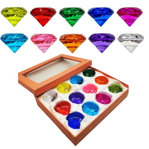 Edelsteine für Kinder, Acryl Diamanten, 12 Stück Diamanten Bunt Kinder Mit Geschenkbox,Diamantkristalle Transparent Edelsteine für Kindergeburtstag, Große Deko-Diamanten für Hochzeit Vasen Tischdeko