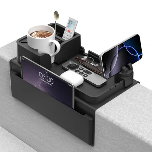 CLESOO Sofatablett Armlehne mit Getränkehalter, Anti-Rutsch Sofa Tablett mit Zwei Seitentaschen und Telefonhalterung, Silikon Anti-Spill Couch Organizer für Tasse, Telefon, Tablet, Snack, Schwarz