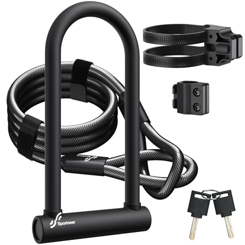 Sportneer Fahrradschloss 18mm Hochbelastbar Bügelschloss mit 180CM Hochsicherheits-Stahlkabel&Stabile Halterung&Schlüssel Anti-Diebstahl sichere Schlösser für Rennrad E-Bike, 29x16cm