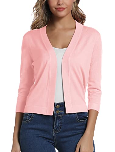 Damen 3/4 Ärmel Open Front Bolero Strickjacke Shrug Solid Cardigan Top (S, Rosa)