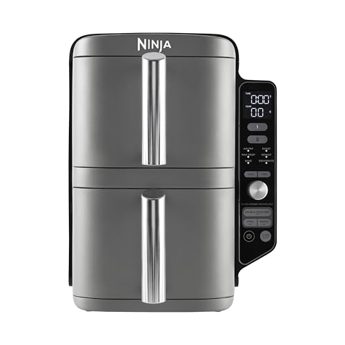 Ninja Double Stack XL Air Fryer Heißluftfritteuse, 9,5L Airfryer, Doppelkorb-Heißluftfritteuse mit 4 Kochstufen, 2 Körben, 2 Rosten, platzsparendes Design, 6 Kochfunktionen, 8 Portionen, Grau SL400EU