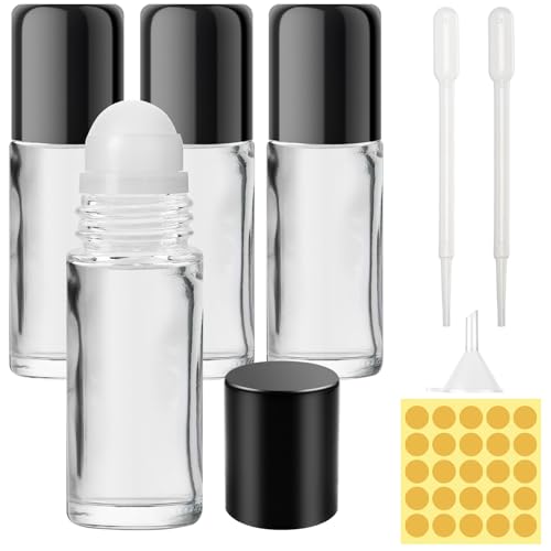 Furuising 4 Stück 30ML Roll on Glasflaschen für Ätherisches Öl, Roll on Flasche Leer, Rollon Flaschen für Öle, Glasflaschen mit Roller Ball, Tropfer, Aufkleber, Trichter für ätherische Öle, Parfüm