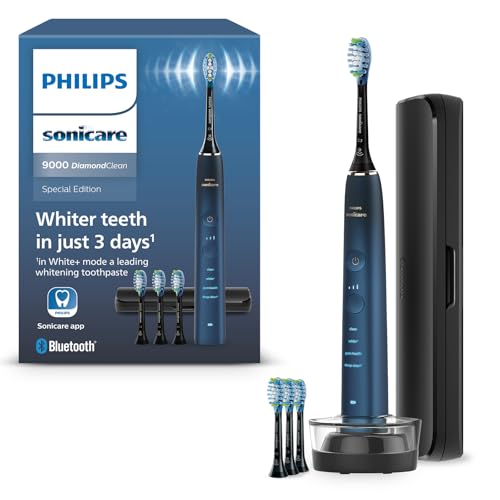 Philips Sonicare DiamondClean elektrische Zahnbürste der 9000er Serie – Schallzahnbürste, sauberere Zähne und Mundpflege mit 4x C3 Premium Plaque Defense-Bürstenköpfen, Aquamarine (Modell HX9911/89)