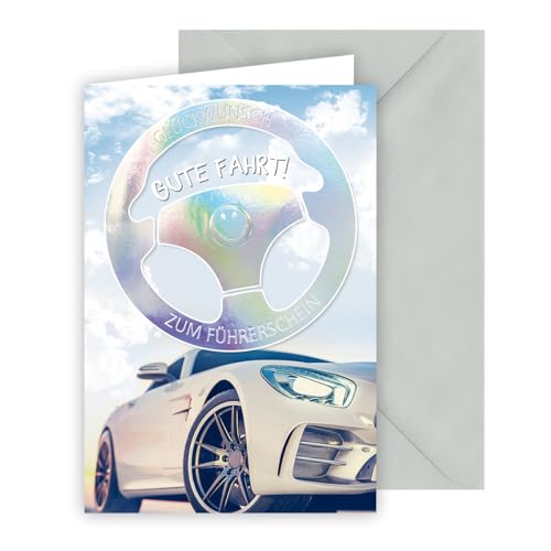 KE - Edle Glückwunschkarte zum bestandenen Führerschein, inkl. Umschlag, DIN B6 Format, Gratulationskarte für neue Fahrer, silber, Motiv: Luxusauto