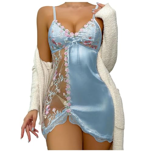 Sexy Dessous Damen für Sex Damen Negligee Dessous Babydoll Nachtkleid Spitze Nachthemd Nachtwäsche V-Ausschnitt Kleid Lingerie Reizwäsche Chemise mit Tanga Babydoll Spitze Sleepwear Nachtwäsche