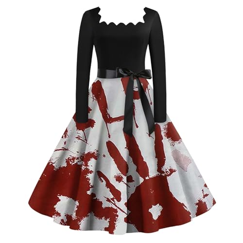 Mittelalter Kleidung Damen Rechteckiger Ausschnitt Halloween Kleid Lang Cocktail Swing Kleid Mädchen A-Linie Swing Kleid Gothic Ballkleid Partykleid Cocktailkleid (Wine,XXL)