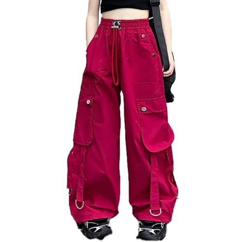 Cargohose Kinder Mädchen Palazzo Cargo Hose Locker Y2K Streetwear High Waist Freizeithose Baggy Wanderhose Fallschirmhose Parachute Pants Loose Fit Outdoorhose Trekkinghose Mit Kordelzug Grau