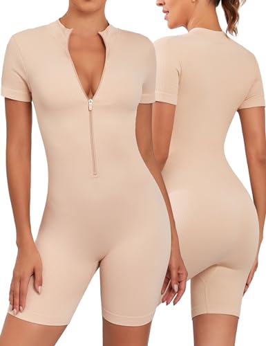 Svanco Jumpsuit Damen Kurze Ärmel mit Reißverschluss Vorne Gerippt Stretch Eng Sportanzug Bauchkontrolle Yoga Overall Elegant Einteiler