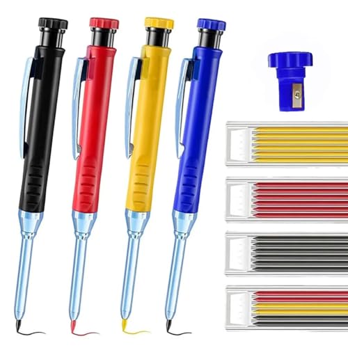 MROOFUL Professionelles Tischlerbleistift-Set, 2,8 mm, für Tischler, Anreißwerkzeug, mit Füllmine und integriertem Spitzer, Holzbearbeitungsmarkierungen, Bauzubehör