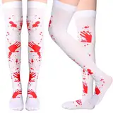 WLLHYF Halloween Blutige Strümpfe Cosplay Hohe Socken Weiße und Rote Blutbefleckte Kostümstrümpfe Horror Overknee Oberschenke (Rot, 27.55 × 3.93 × 0.19 inches)