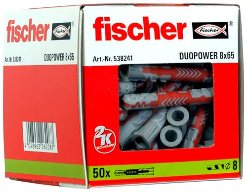 fischer DuoPower 8 x 65, Universaldübel, leistungsstarker 2-Komponenten-Dübel, Kunststoffdübel zur Befestigung in Beton, Ziegeln, Stein, Gipsbauplatten uvm., ohne Schrauben, 50 Stück