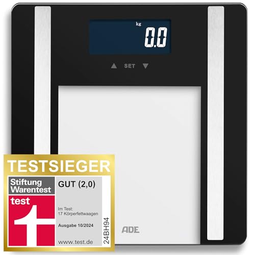 ADE Digitale Körperfettwaage Ines bis 200 kg | Personenwaage mit Körperfettanalyse, BMI, Muskelmasse, Körperwasser, Gewicht, BMR | Körperwaage mit Benutzererkennung | schwarz