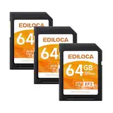 Ediloca EF2 UHS-I Speicherkarte 64GB 3er-Pack, Lesen 100MB/s, Schreiben 45MB/s, C10, U1, V10, Full-HD und 4K-Video, SD-Karte für professionelle Fotografen