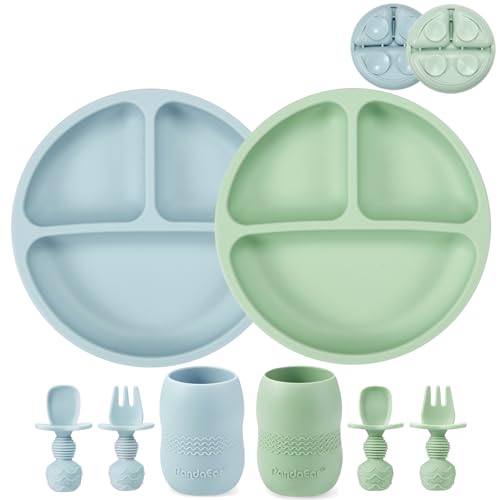 PandaEar Silikon Baby Teller Set | 2er-Pack Silikon-Unterteilte-Saugplatten und 2er-Pack Winzige Tassen mit je 2 Löffeln und 2 Gabeln | Baby-led-Entwöhnungsutensilien für selbstständiges Essen