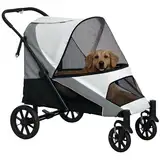 PawHut Hundewagen Hundebuggy klappbar für große Hunde & Katzen bis 30 kg Katzenbuggy mit Kissen Netzfenstern Türen Aufbewahrungstasche Katzenwagen mit Sicherheitsleinen, Bremsen, Buggy Grau