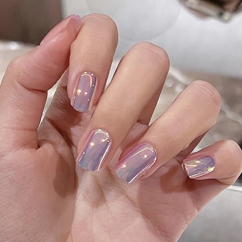 24 Stück Französische Nägel Zum Aufkleben, Natürlich Acrylnägel mit Nagelkleber, Elektroplattierte Lila Pink Glossy Künstliche Nägel Selbstklebende Press On Nails für Frauen Nail Art (Rosa, 24x)