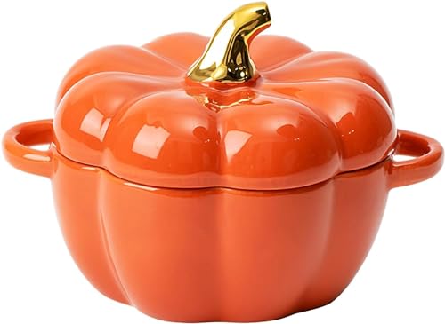 Niederländischer Ofen Topf mit Deckel, Herbst Kürbis Töpfer Suppe Schüsseln mit Griffen, Mini Keramik Ofen Safe Schüsseln, Kürbis Dekorative Schüssel für Home Decor Herbst Halloween Part (Orange)