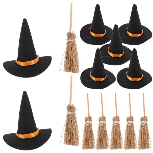 Didiseaon 7 Satz Puppenhaushüte Halloween-weinflaschenhülle Kleine Hexenhüte Halloween-Dekorationen Partyhut, Flaschenhüte Hutbezüge Für Weinflaschen Weinflaschenaufsätze 8cm Stoff Besen-Set