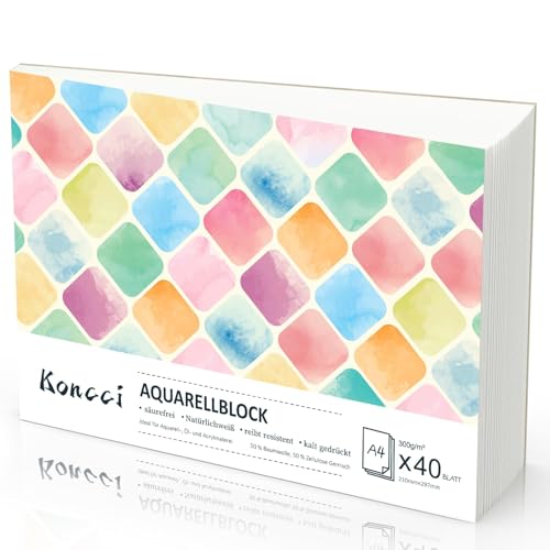 Koncci Aquarellpapier A4, 40 Blatt Aquarellblock, Kaltgepresst 300g/m² Weißes Aquarell Papier, Watercolor paper für Aquarellmalerei und Zeichnung, Geeignet für Studenten, Anfänger, Künstler