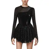 FYMNSI Damen Eiskunstlauf Kleid Glitzer Pailletten Langarm Ballettkleid Ballettkleidung Gymnastik Leotard Turnanzug Tanzkost�m Eiskunstlaufkleid Eislaufen Skating Kleider Gymnastikanzug Schwarz XL