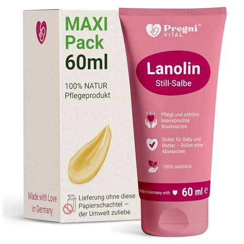 ❤️ 100% LANOLIN Brustwarzensalbe - 60 ml MAXI-Pack - PregniVital® Stillsalbe für stillende Mütter bei beanspruchten, trockenen und empfindlichen Brustwarzen - Hypoallergen, ohne Duftstoffe