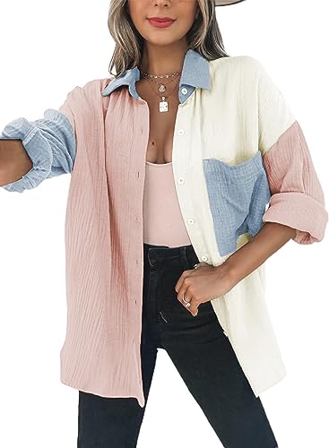 Dokotoo Bluse Damen Musselin Langarmshirt Baumwolle Lässig Oberteile Hemd Langarm Farbblock Shirts Einfarbig Tops Hemdjacke Rosa M