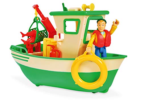 Simba 109251074 - Feuerwehrmann Sam Charlies Fischerboot, mit Charlie Figur, beweglicher Kran und mechanische Seilwinde, schwimmt auf dem Wasser, 19cm, für Kinder ab 3 Jahren