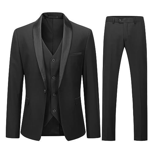 YOUTHUP Herren 3 Teiliger Slim Fit Anzüge Hochzeit Party Herrenanzug Schalkragen Smoking Sakko Hose Weste, Schwarz, XL