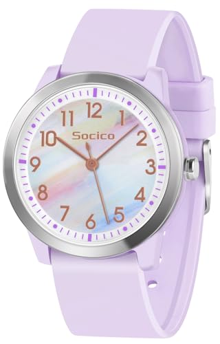 SOCICO Kinderuhr Analog, 5ATM/50M Wasserdicht Armbanduhr Kinder Mädchen Jungen Teenager, Leicht Lesbar Kinder Quartz Minimalistisch Uhren für 9-18 Jahre (Regenbogenlila)