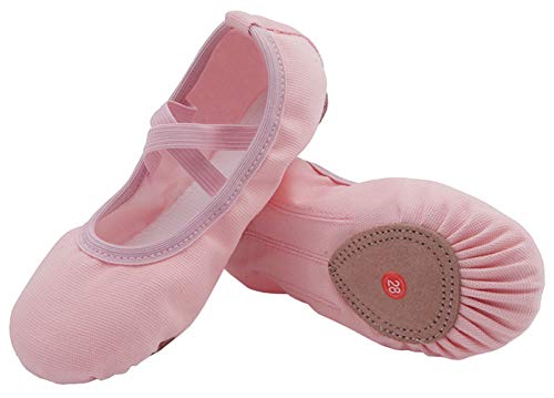 Acfoda Leinwand Ballettschuhe Mädchen Flache Ballettschläppchen Kinder Leicht Weich Schläppchen Ballerinas Tanz Gymnastik Schuhe mit Geteilter Ledersohle Rosa Gr.23